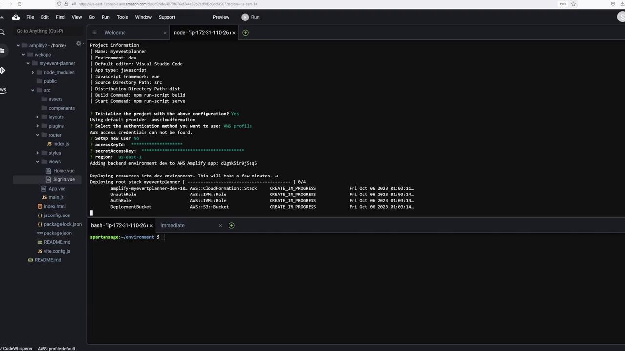 The image shows a code editor with a terminal, displaying AWS Amplify deployment logs and project configuration details.