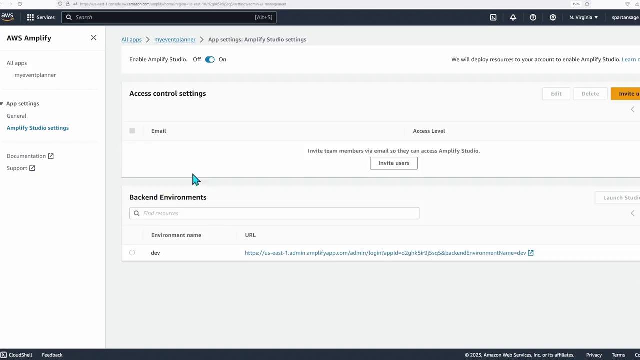 The image shows the AWS Amplify console, displaying app settings for "myeventplanner," including access control and backend environment details.