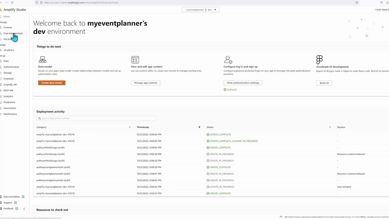 The image shows the AWS Amplify Studio interface for "myeventplanner's" development environment, displaying deployment activity logs and options for data modeling and UI development.