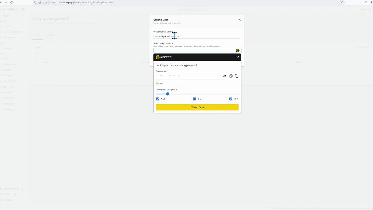 The image shows a user management interface with a "Create user" form, including fields for email and password, and a password generator tool.