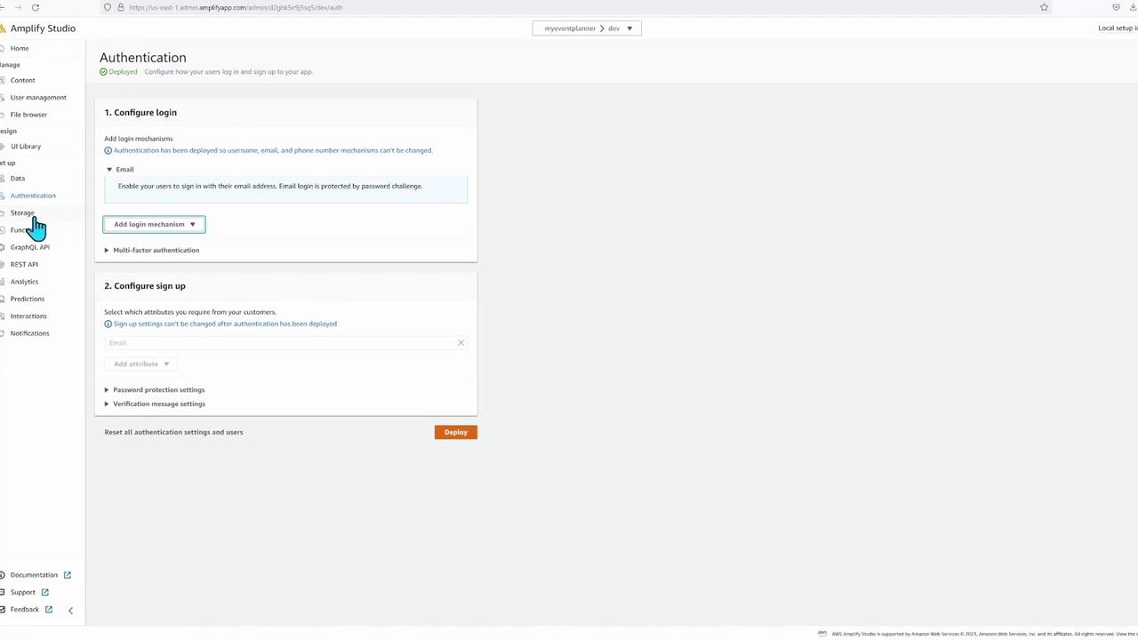 The image shows the authentication configuration page in AWS Amplify Studio, detailing login and sign-up settings with options for email and multi-factor authentication.
