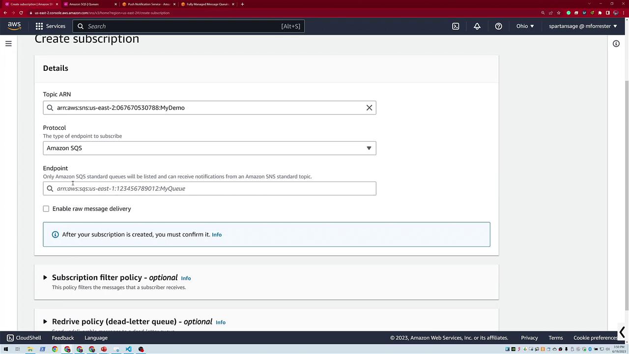 The image shows an AWS console screen for creating a subscription, detailing Topic ARN, protocol, and endpoint settings for Amazon SQS.