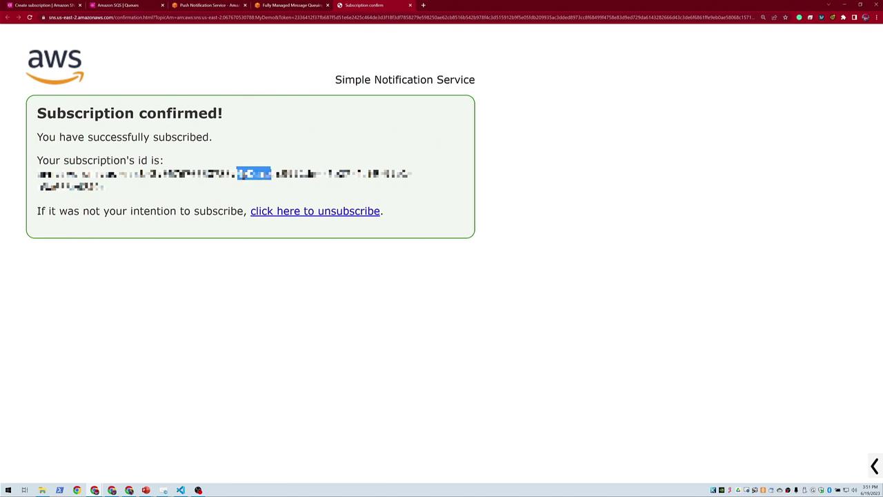 The image shows an AWS Simple Notification Service confirmation page, indicating a successful subscription with an option to unsubscribe.