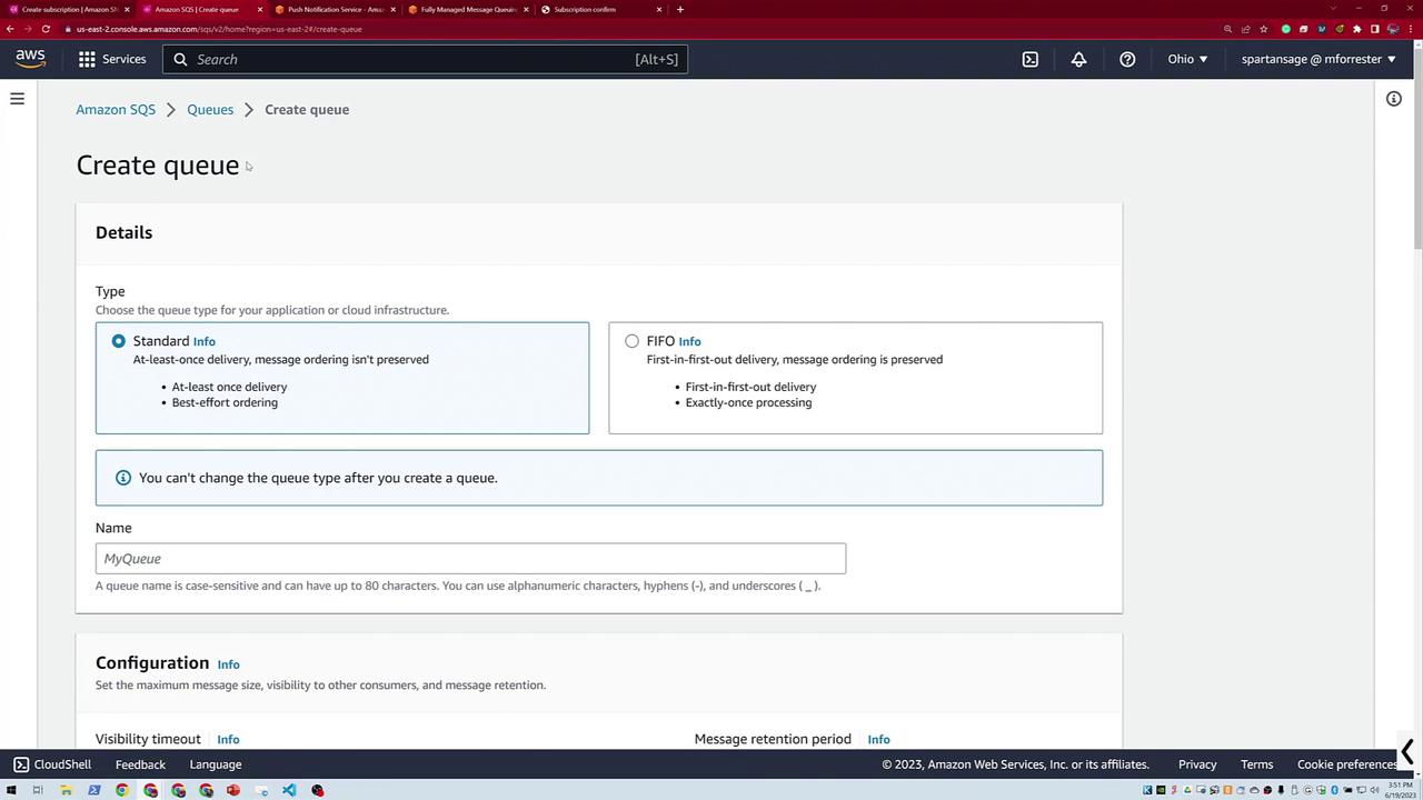 The image shows the Amazon SQS interface for creating a queue, offering options for Standard or FIFO types, with fields for naming and configuration settings.