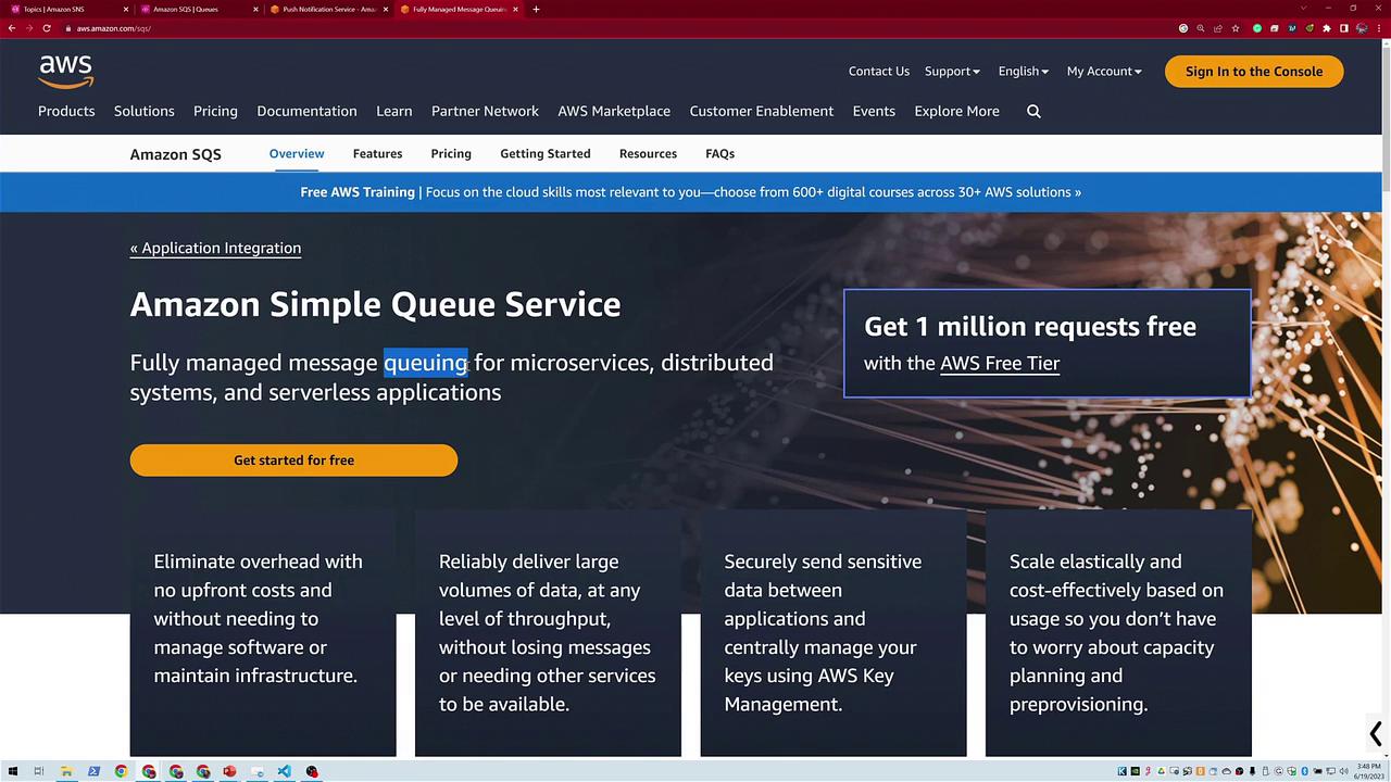 The image is a webpage for Amazon Simple Queue Service (SQS), highlighting features like message queuing, free tier benefits, and key service advantages.