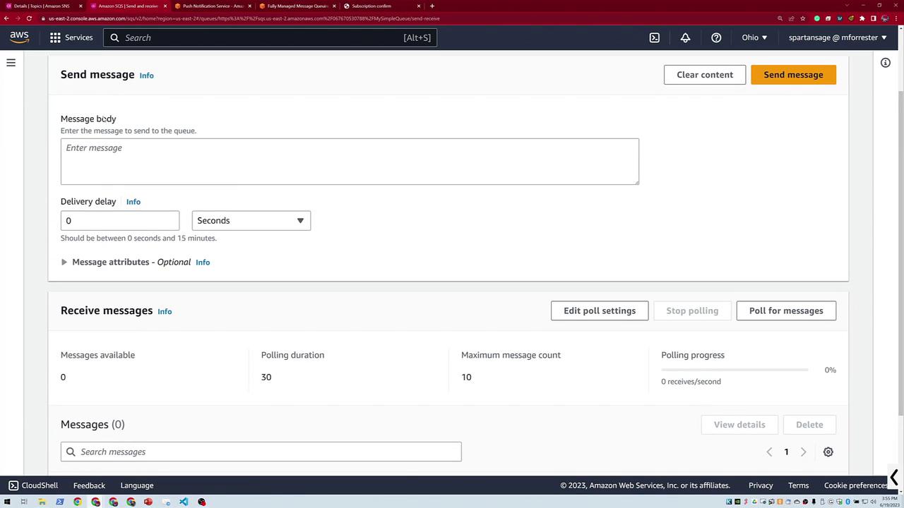 The image shows an Amazon Web Services (AWS) interface for sending and receiving messages, with options for message body, delivery delay, and polling settings.