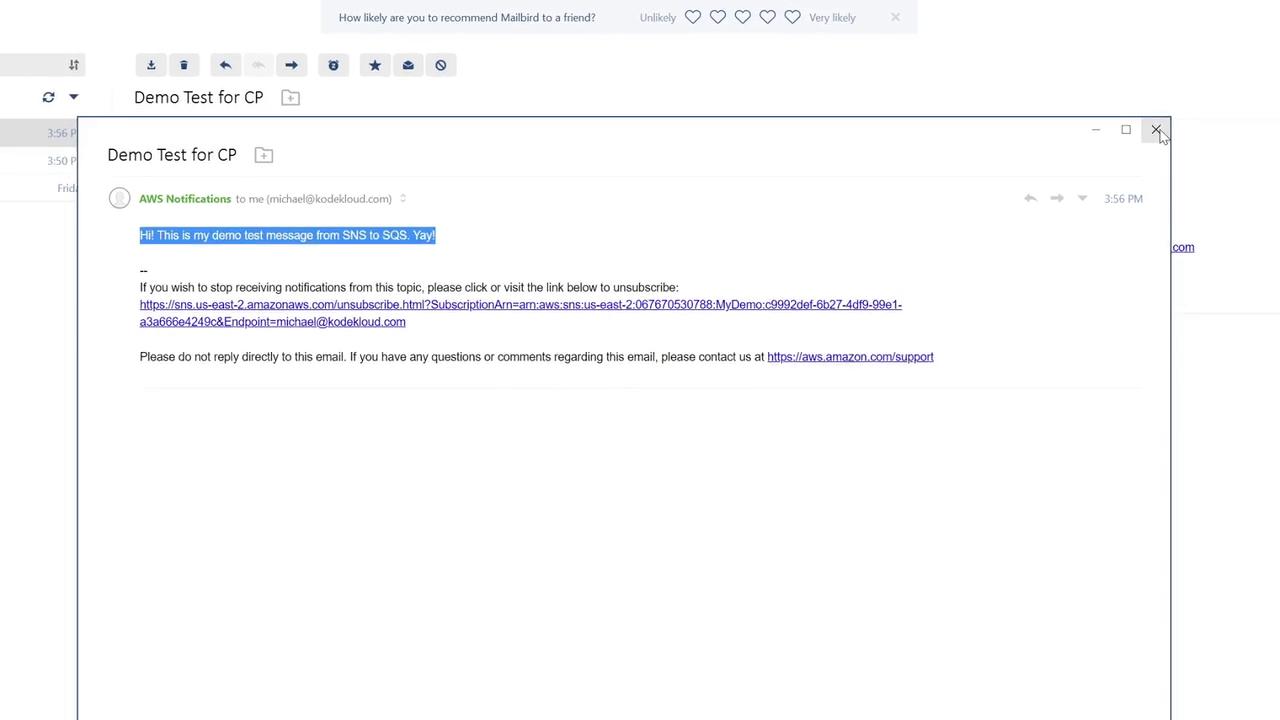 The image shows an email titled "Demo Test for CP" with a message about a test from AWS SNS to SQS, including an unsubscribe link.