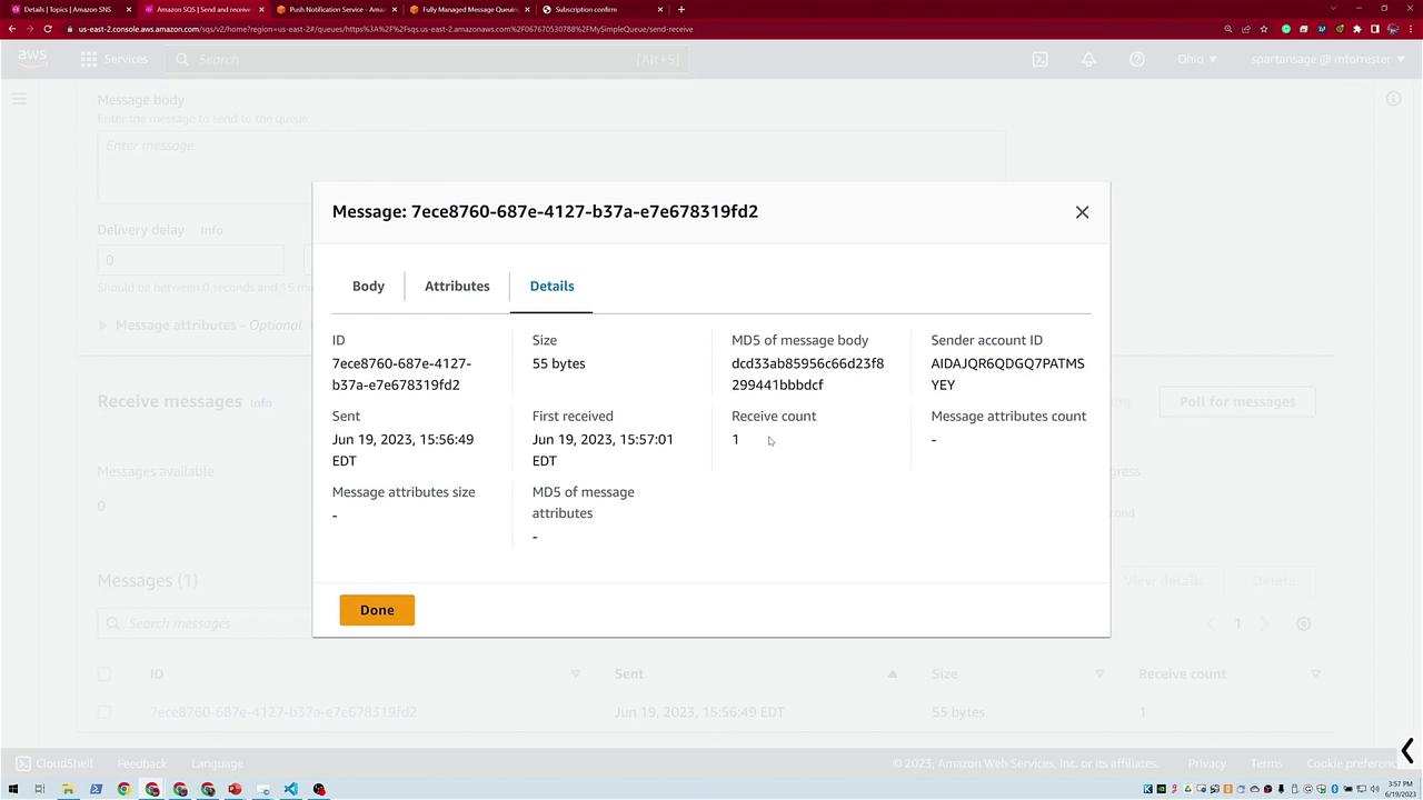 The image shows an AWS console displaying details of a message, including its ID, size, sender account ID, and receive count.