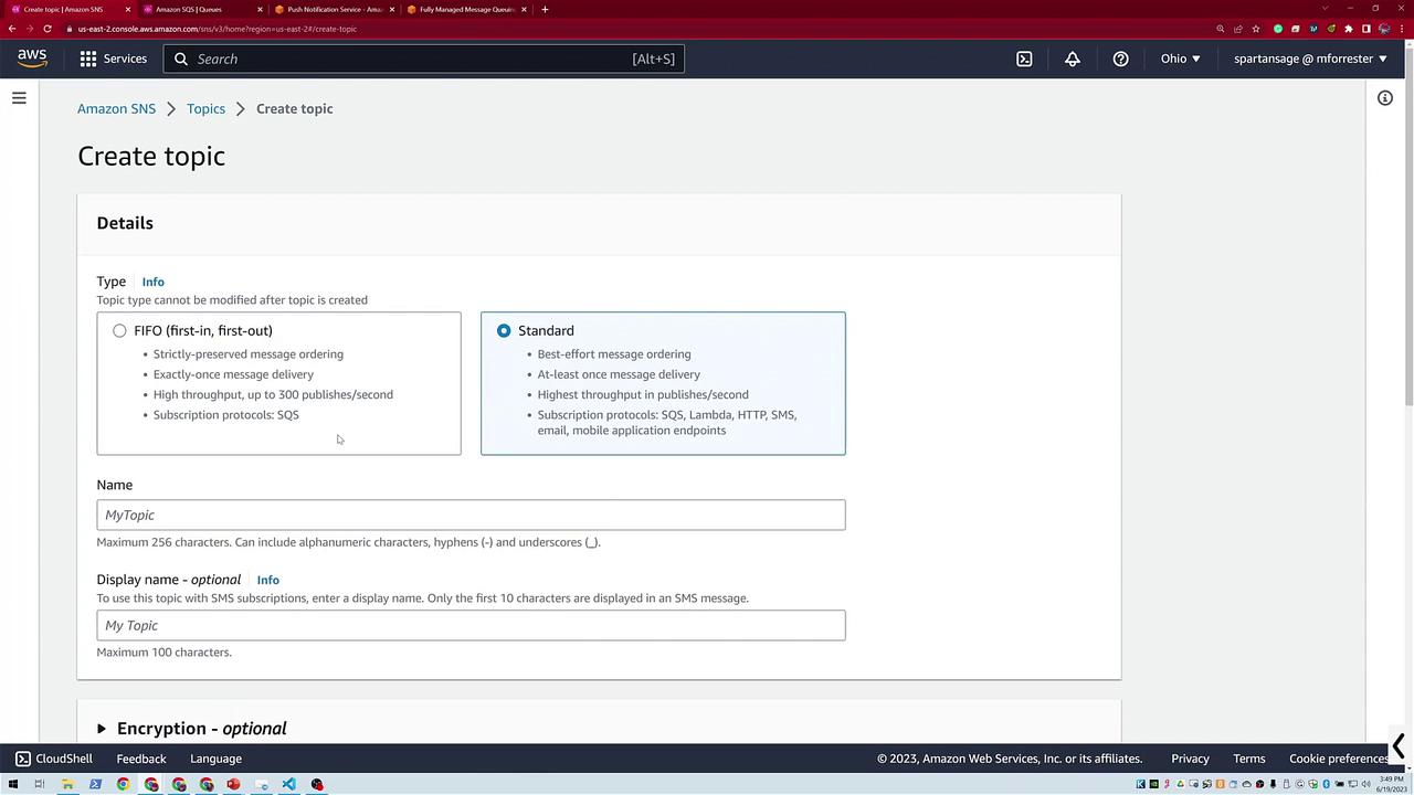 The image shows an AWS SNS interface for creating a topic, offering FIFO and Standard options, with fields for topic name and optional display name.