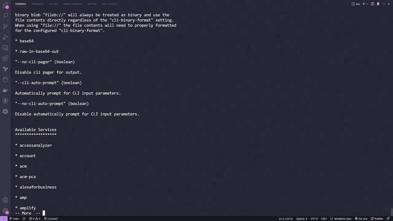 The image shows a terminal interface with AWS CLI configuration options and a list of available services.