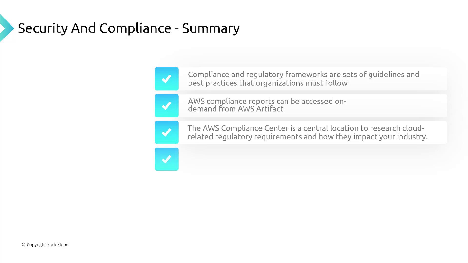 The image summarizes AWS security and compliance, highlighting guidelines, on-demand compliance reports, and the AWS Compliance Center for researching regulatory requirements.