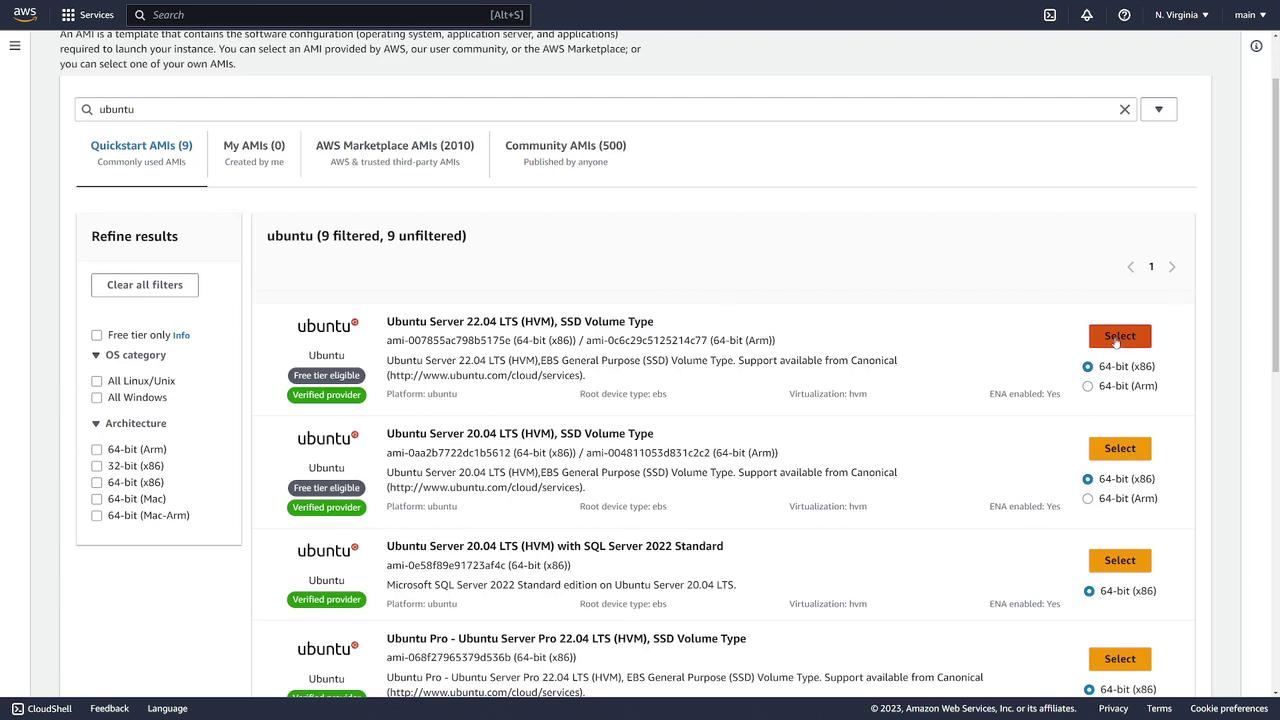 The image shows an AWS console screen listing Ubuntu AMIs, with options to select different versions and architectures for launching instances.