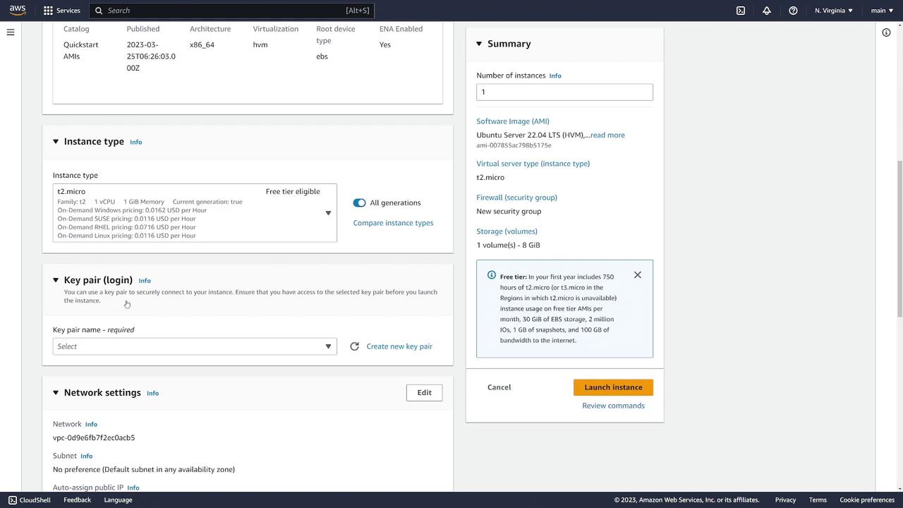 The image shows an AWS EC2 instance setup page, detailing instance type, key pair, network settings, and a summary for launching a t2.micro instance.