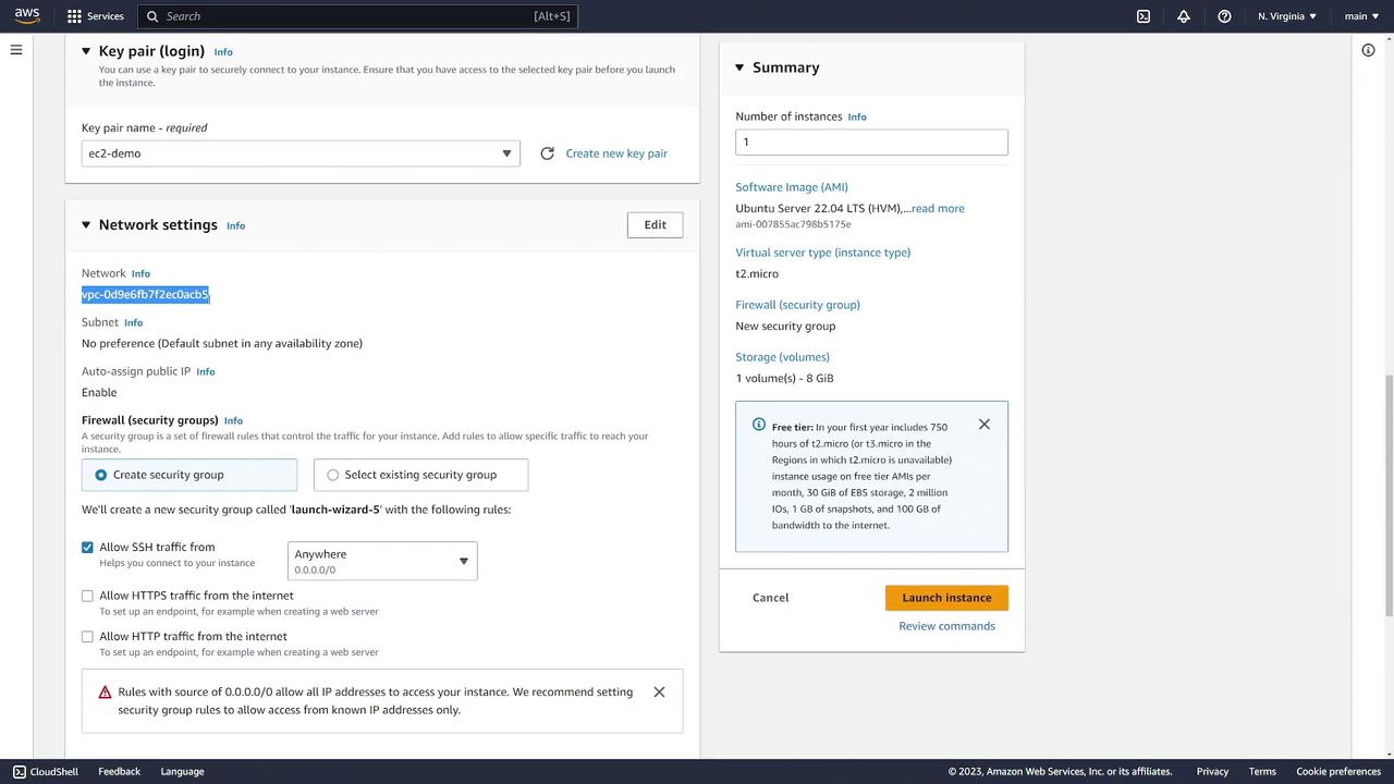 The image shows an AWS EC2 instance setup page, detailing key pair, network settings, security group, and instance summary, with a "Launch instance" button.