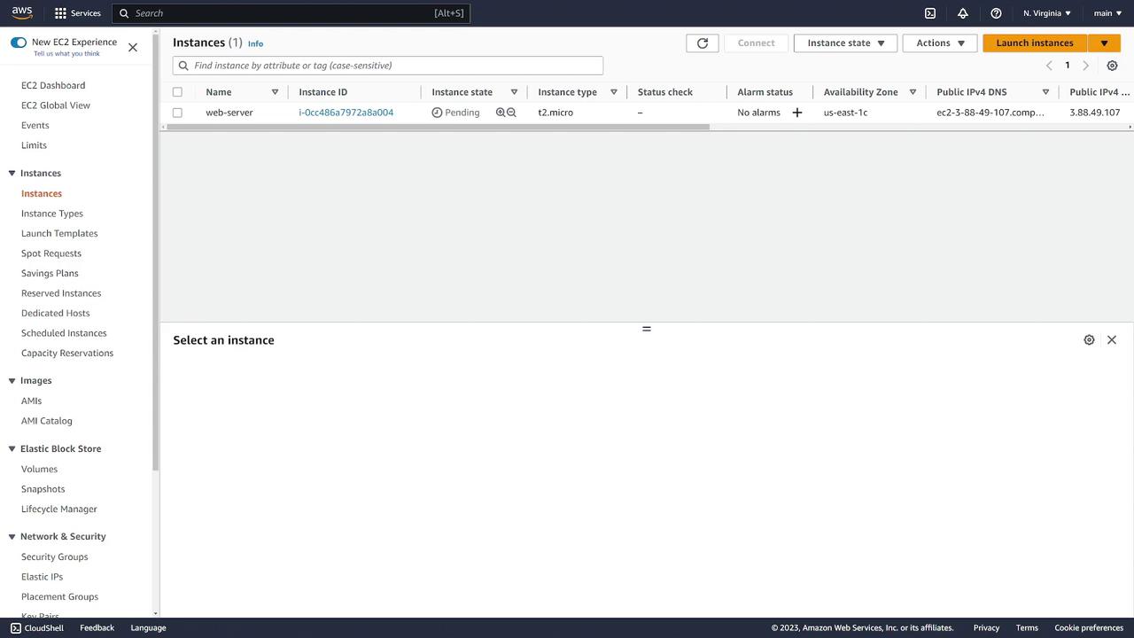 The image shows an AWS EC2 dashboard with a pending instance named "web-server" of type t2.micro in the us-east-1c availability zone.