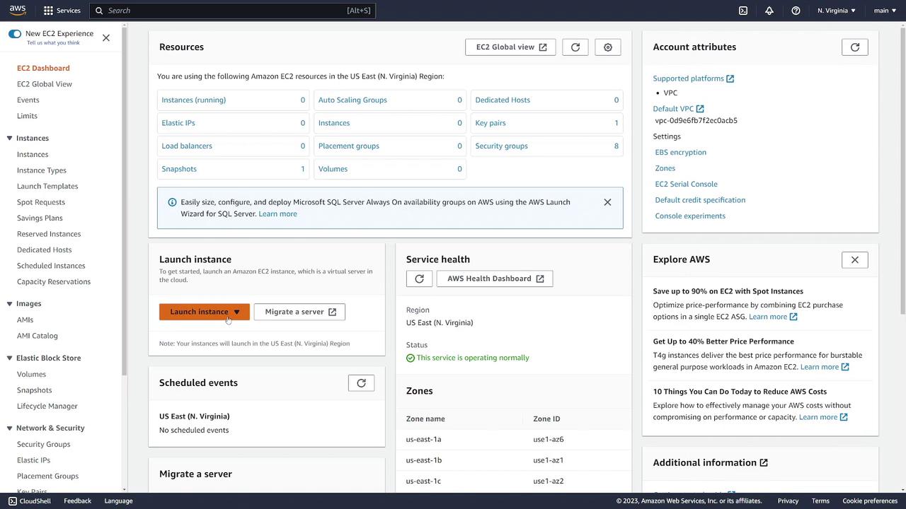 The image shows an Amazon Web Services (AWS) EC2 dashboard, displaying resources, account attributes, service health, and options to launch or migrate instances.