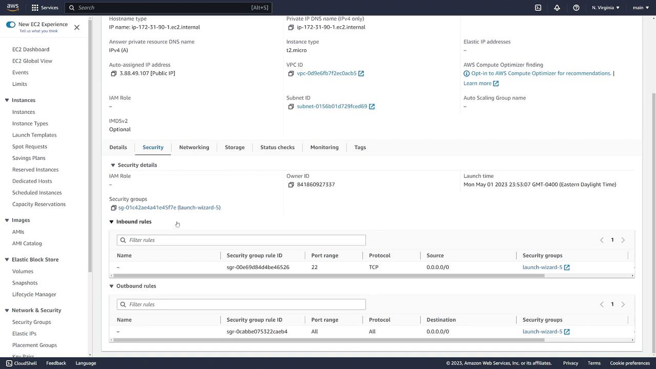 The image shows an AWS EC2 instance details page, displaying security settings, IP addresses, instance type, and inbound/outbound rules.