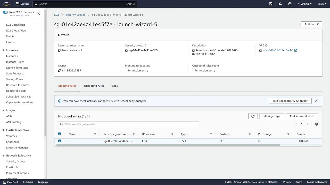 The image shows an AWS EC2 security group configuration screen, displaying inbound rules for SSH access on port 22 from any IP address.