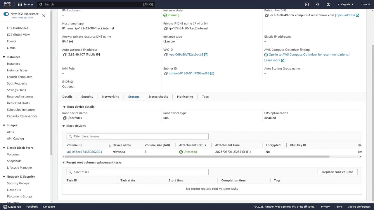 The image shows an AWS EC2 instance management dashboard, displaying instance details, storage information, and block device settings.