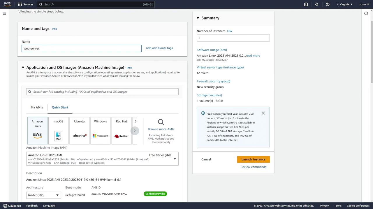 The image shows an AWS EC2 instance setup page, selecting an Amazon Linux AMI, with options for instance type, security group, and storage details.