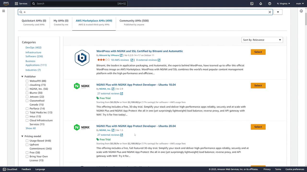 The image shows the AWS Marketplace interface displaying AMI listings for WordPress and NGINX, with options to select and filter by categories and pricing models.