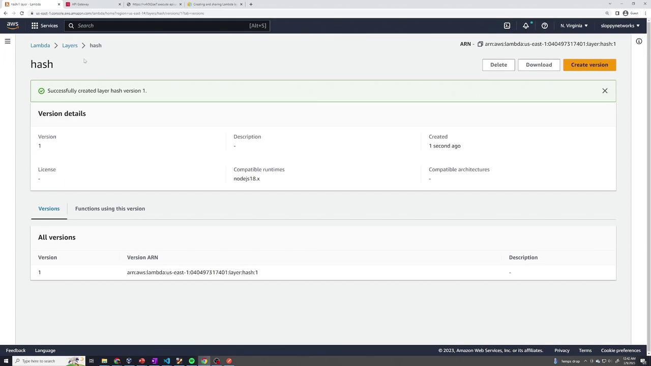 The image shows an AWS Lambda console with a successfully created layer named "hash," compatible with Node.js 18.x, and version details displayed.