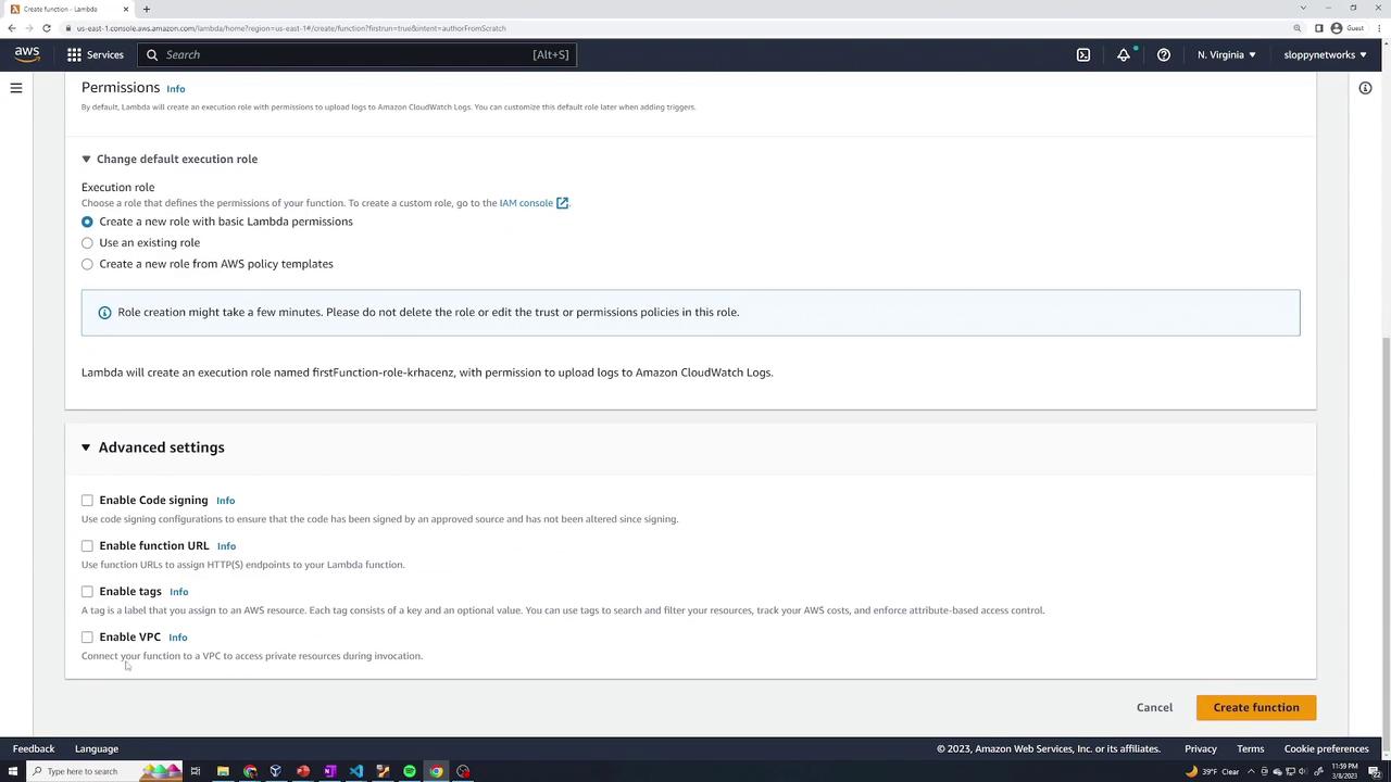 The image shows the AWS Lambda console, focusing on permissions and advanced settings for creating a new function, including execution role options and VPC connectivity.