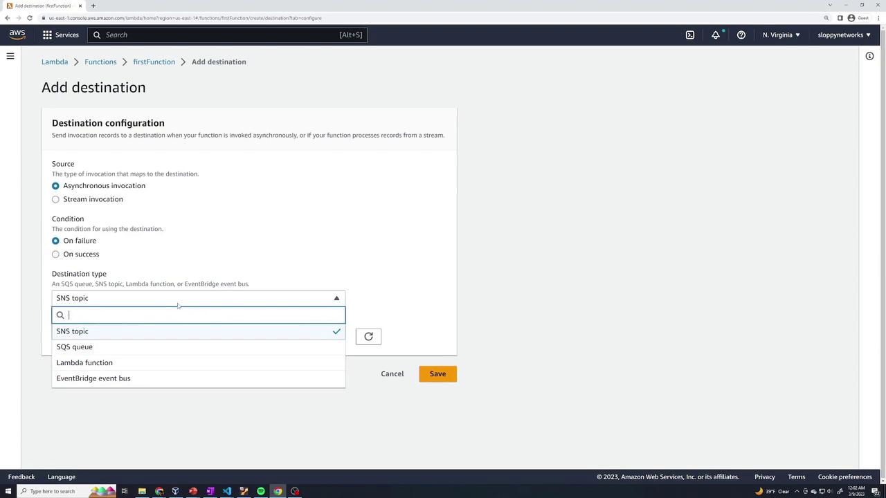 The image shows an AWS Lambda configuration screen for adding a destination, with options for source, condition, and destination type, including SNS topic and SQS queue.