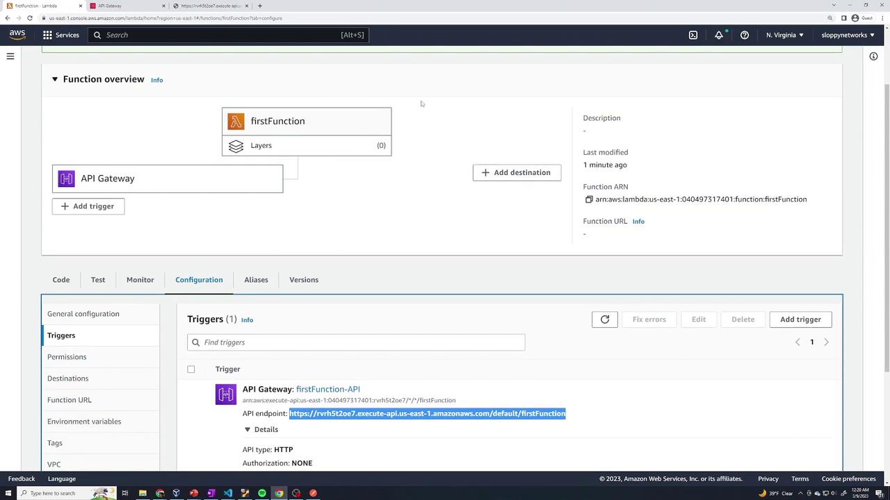 The image shows an AWS Lambda console with a function named "firstFunction" configured with an API Gateway trigger, displaying its API endpoint details.