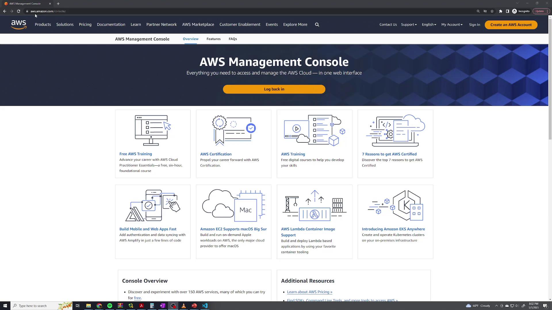 The image shows the AWS Management Console webpage, featuring options for AWS training, certification, and services like EC2 and Lambda, with a "Log back in" button.