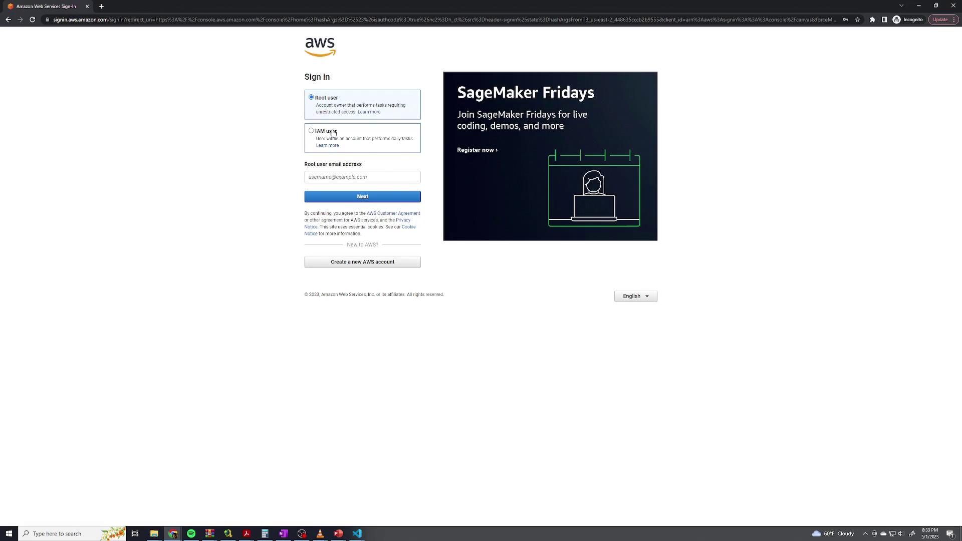 The image shows the AWS sign-in page with options for root and IAM user login, and a SageMaker Fridays promotional banner.