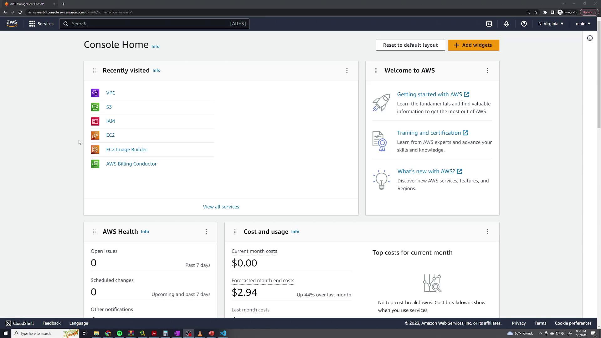 The image shows the AWS Management Console home screen, displaying recently visited services, AWS Health, cost and usage, and welcome resources.