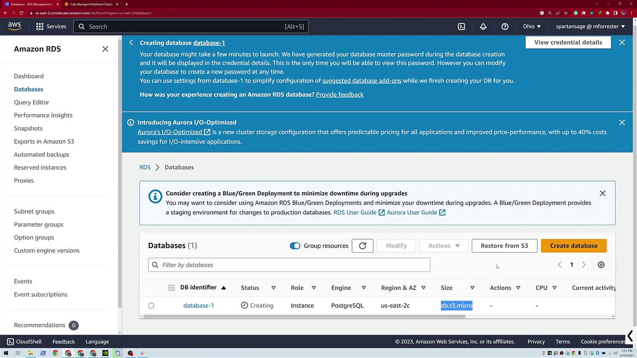 The image shows an Amazon RDS dashboard with a PostgreSQL database named "database-1" being created, featuring options for database management and deployment suggestions.