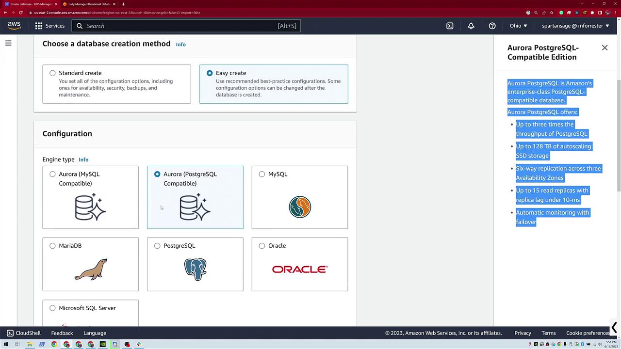 The image shows an AWS RDS database creation interface, highlighting the selection of Aurora PostgreSQL-Compatible Edition with its features listed on the right.