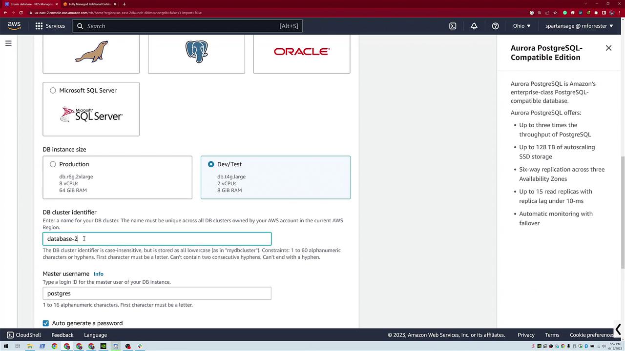 The image shows an AWS RDS setup page for creating an Aurora PostgreSQL database, with options for instance size, DB cluster identifier, and master username.