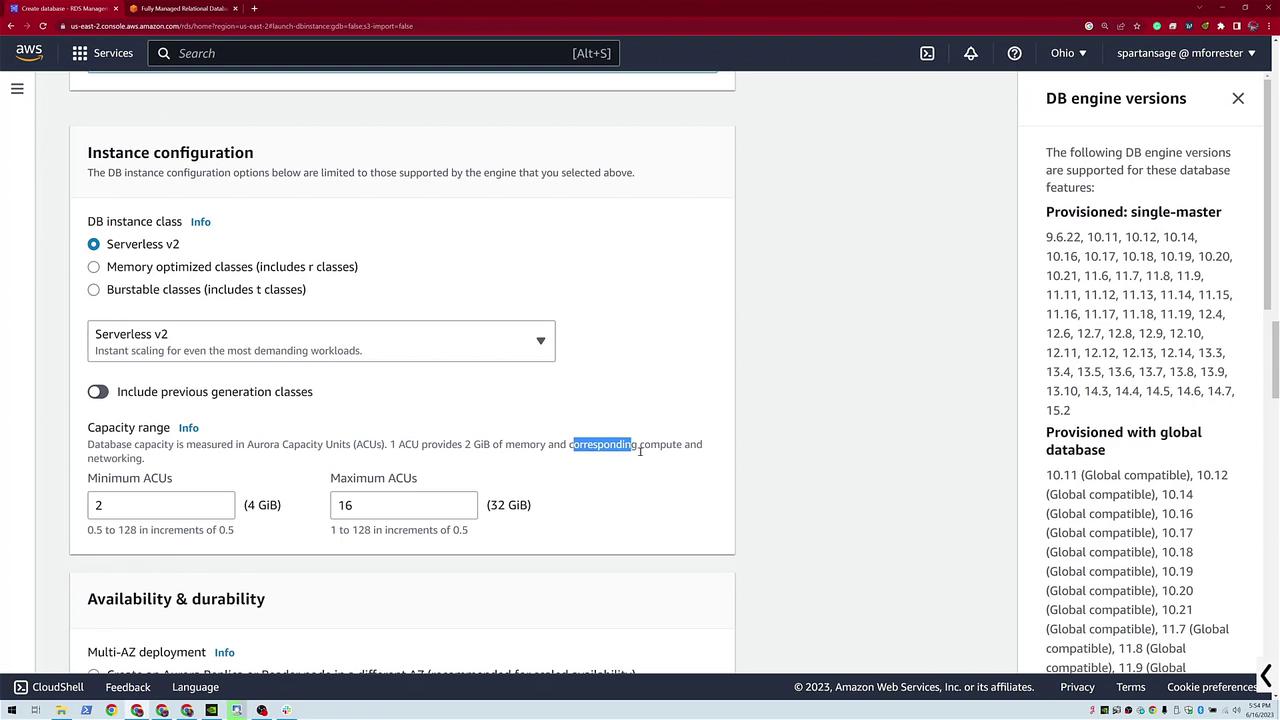 The image shows an AWS RDS instance configuration page, detailing options for DB instance class, capacity range, and availability settings, including serverless and memory-optimized classes.