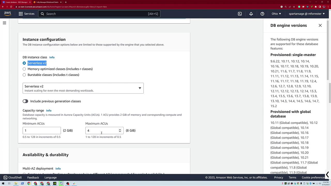 The image shows an AWS RDS instance configuration page, highlighting options for serverless v2, capacity range, and DB engine versions.