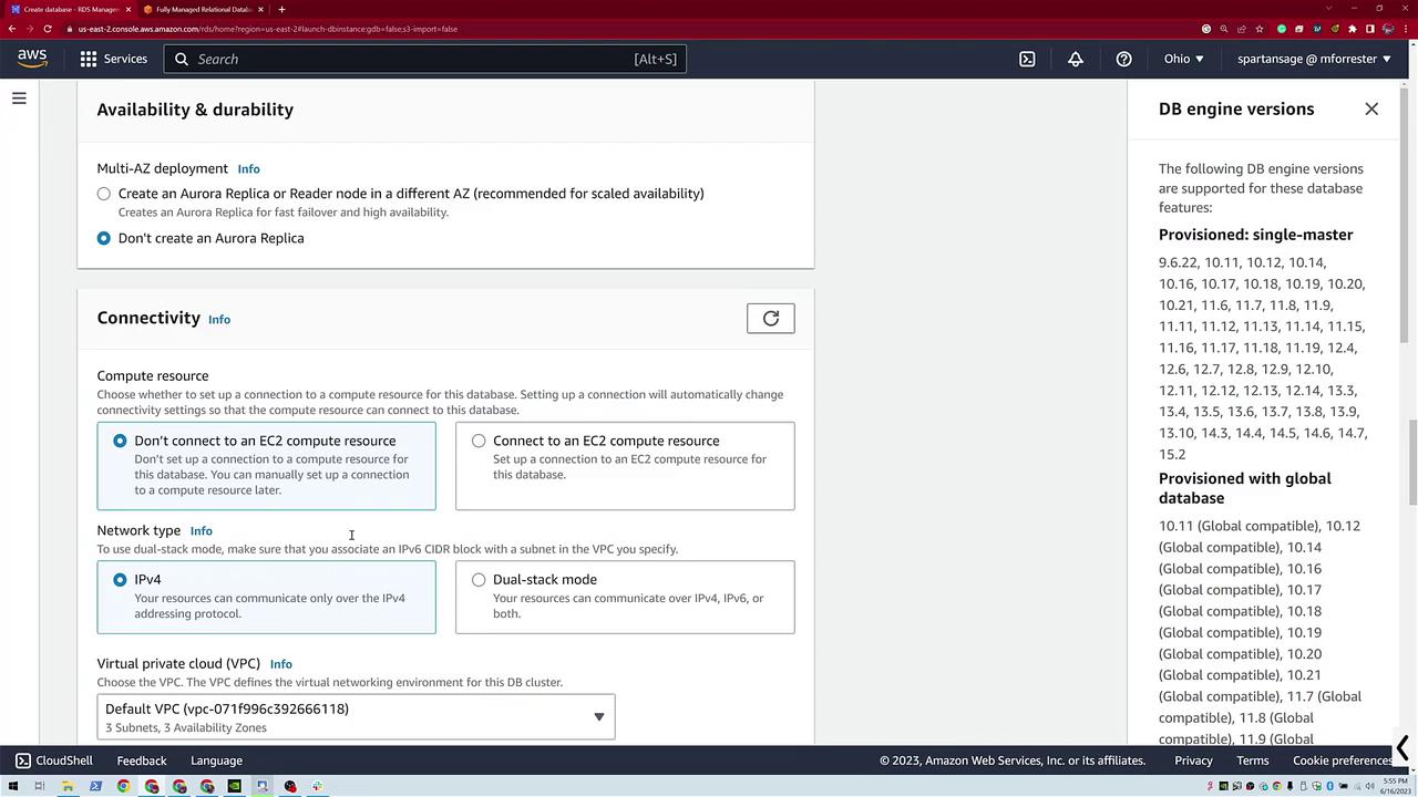 The image shows an AWS RDS configuration page, detailing options for availability, connectivity, and network type, with a list of supported DB engine versions on the right.