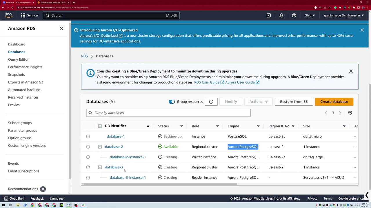 The image shows an Amazon RDS dashboard displaying a list of databases with their identifiers, statuses, roles, engines, and regions.