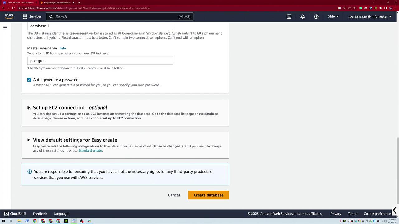 The image shows an AWS RDS database creation interface, with options for setting a master username, password, EC2 connection, and default settings.