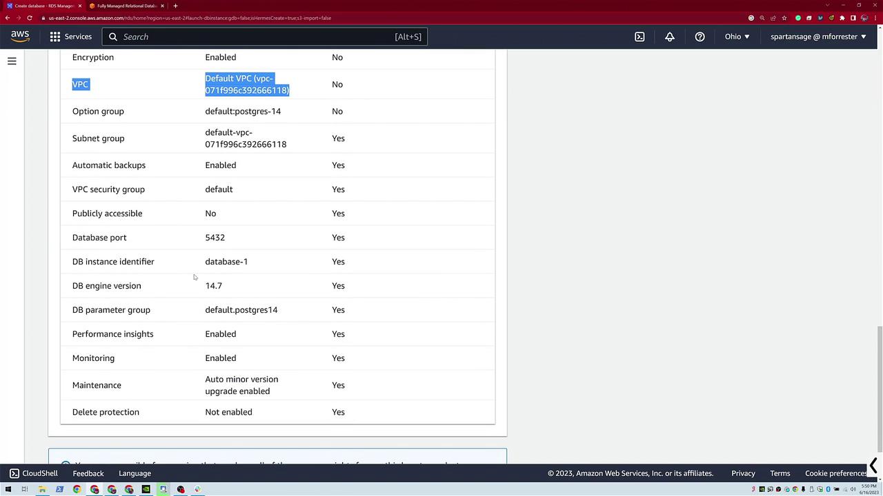 The image shows an AWS RDS configuration screen detailing database settings, including VPC, backups, security, and engine version, with various options enabled or disabled.