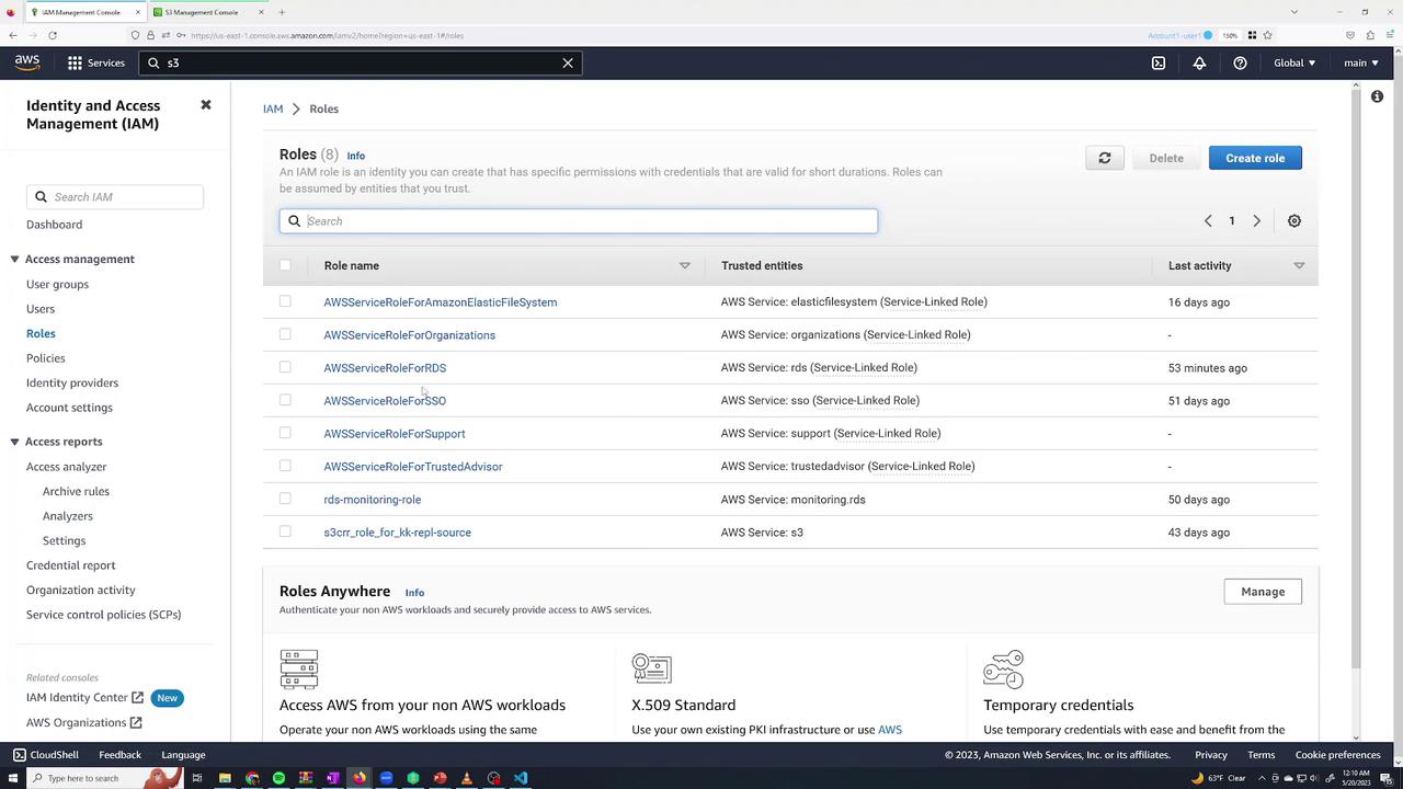 The image shows the AWS Identity and Access Management (IAM) console, displaying a list of roles with their trusted entities and last activity details.