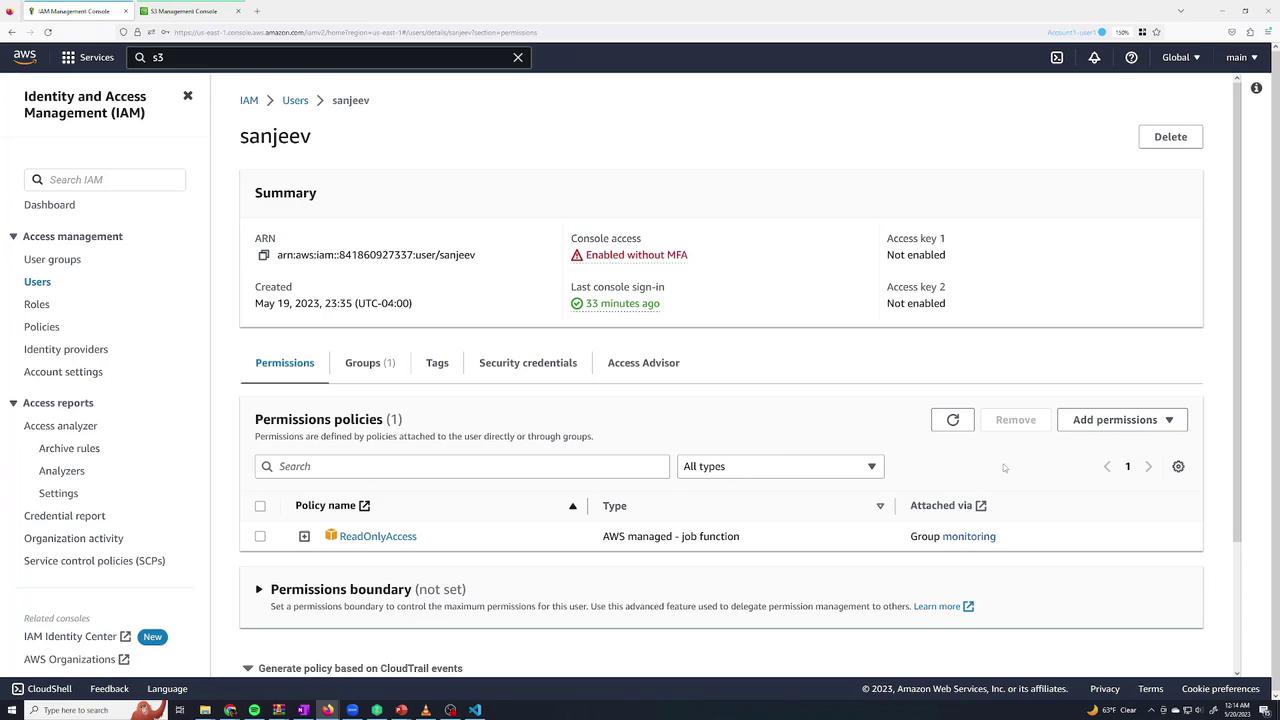 The image shows an AWS IAM user details page, highlighting user "sanjeev" with console access enabled without MFA and a "ReadOnlyAccess" policy attached.