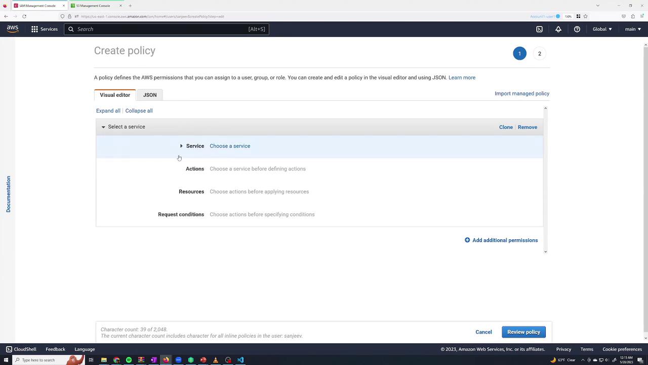 The image shows the AWS Management Console's "Create policy" page, where users can define permissions using a visual editor or JSON.