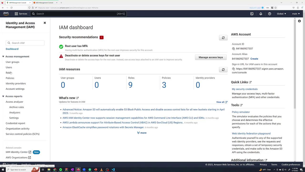 The image shows an AWS IAM dashboard with security recommendations, IAM resources, and account details. It highlights roles, policies, and security alerts for managing access.