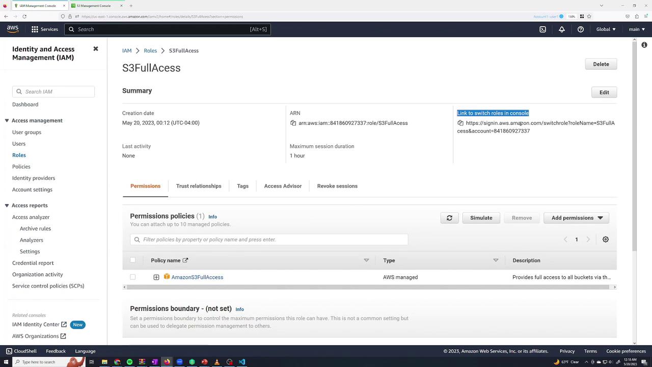 The image shows an AWS IAM console with details of the "S3FullAccess" role, including permissions and settings.