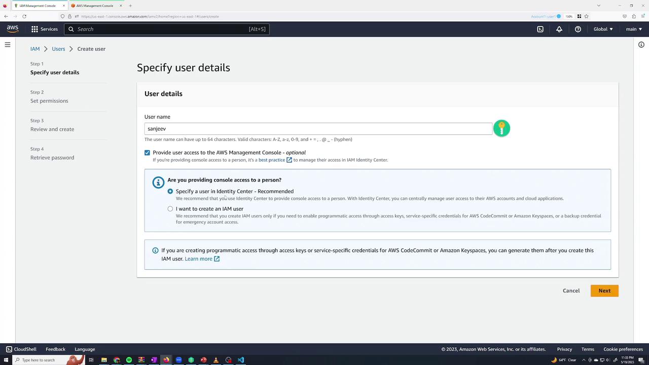 The image shows the AWS Management Console's "Specify user details" page for creating a new IAM user named "sanjeev."