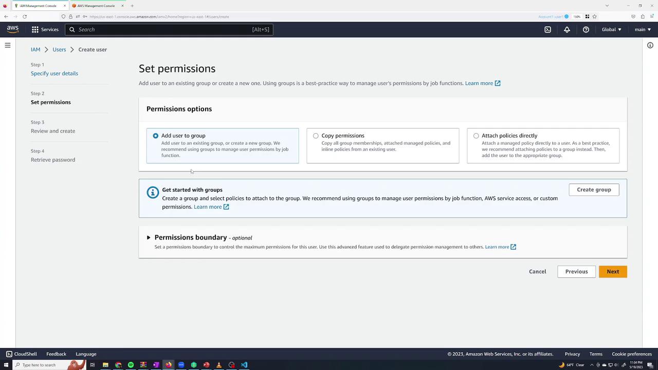 The image shows the AWS IAM Management Console, specifically the "Set permissions" page for creating a user, with options to add users to groups or attach policies.