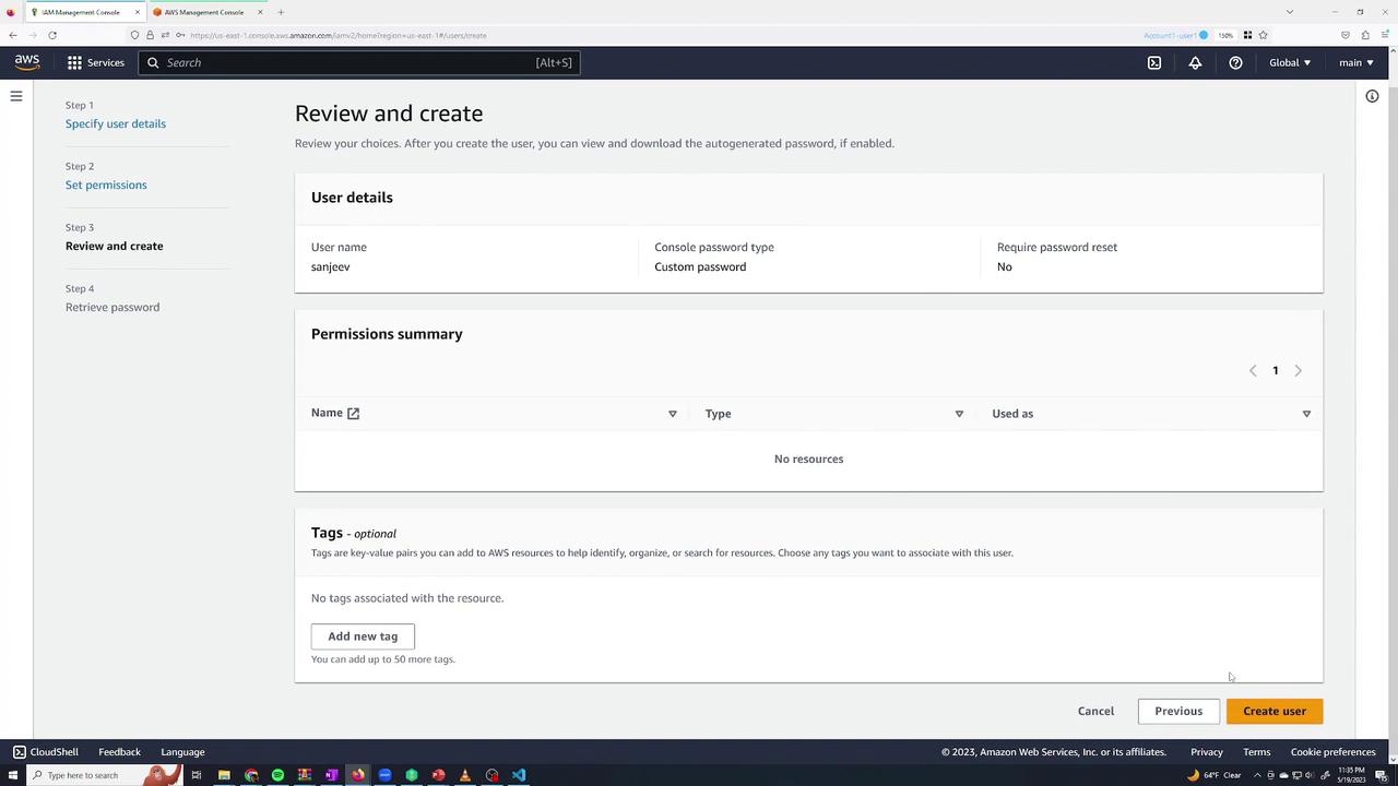 The image shows the AWS Management Console's "Review and create" page for user creation, displaying user details, permissions summary, and optional tags.