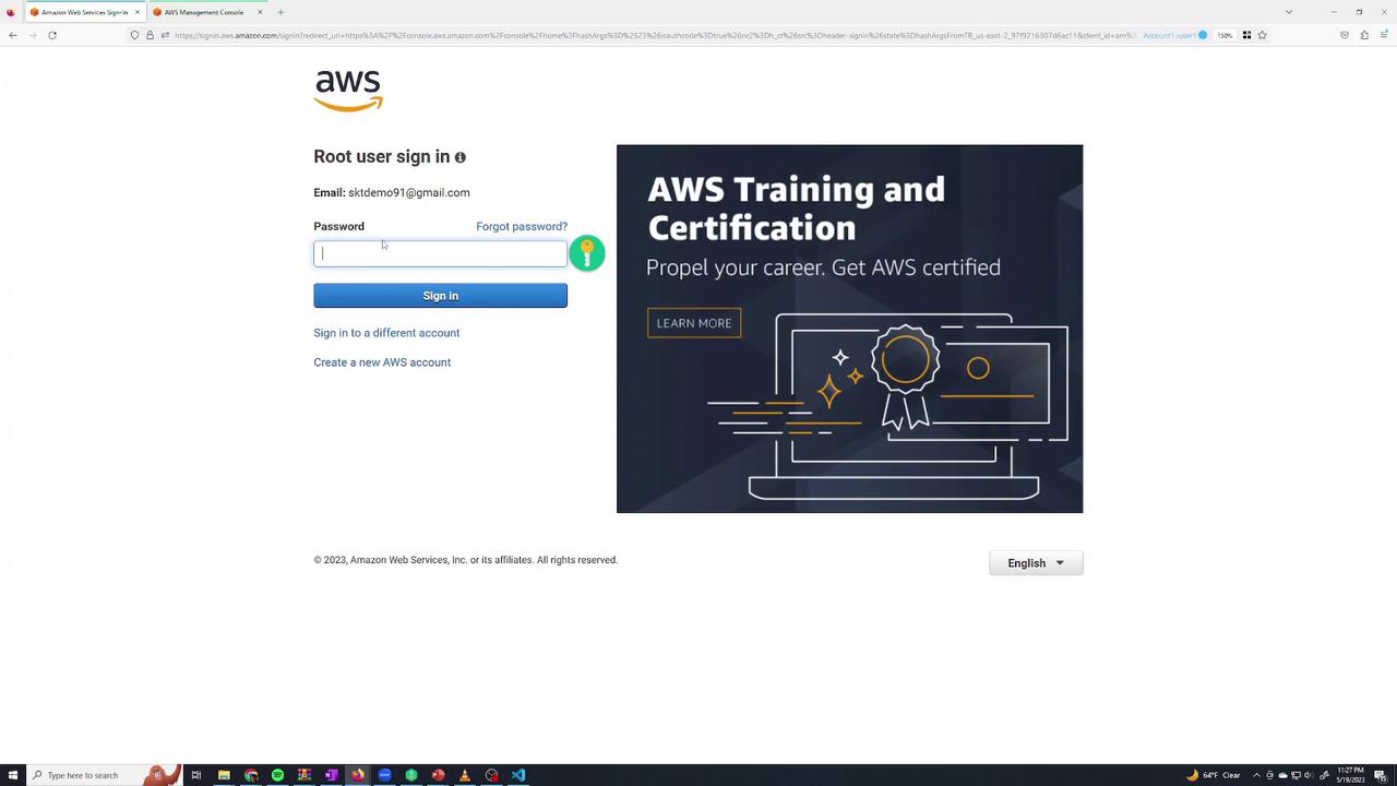 The image shows an AWS login page for root users, with fields for email and password, alongside an advertisement for AWS Training and Certification.